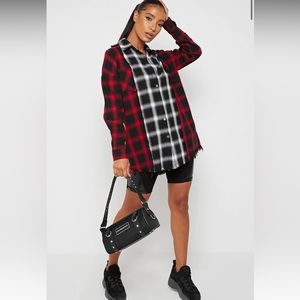 Split Check Oversized Flannel Button Up Shirt Black & Red With Distressing